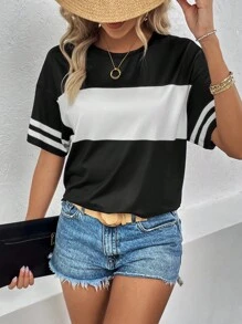 SHEIN LUNE Colorblock Striped Print Drop Shoulder Tee - Black and White - View 1