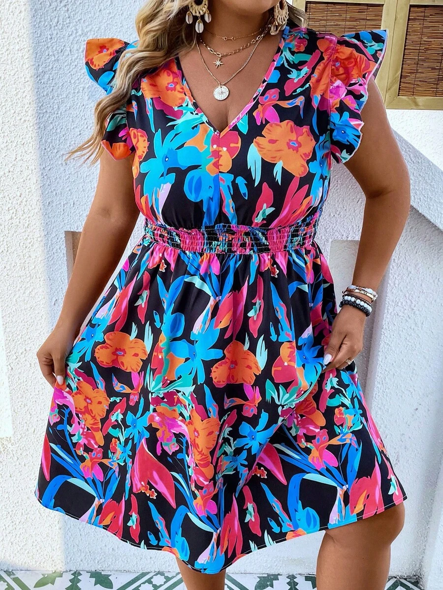 SHEIN Holidaya Đầm Plus Size Xù Dải chun Hoa Tất cả trên in Boho - Nhiều màu - Xem 1