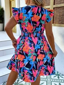 SHEIN Holidaya Đầm Plus Size Xù Dải chun Hoa Tất cả trên in Boho - Nhiều màu - Xem 2