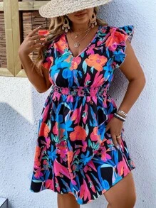 SHEIN Holidaya Đầm Plus Size Xù Dải chun Hoa Tất cả trên in Boho - Nhiều màu - Xem 3