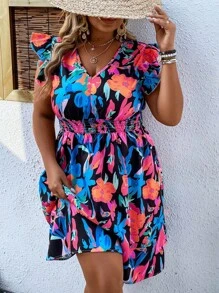 SHEIN Holidaya Đầm Plus Size Xù Dải chun Hoa Tất cả trên in Boho - Nhiều màu - Xem 5