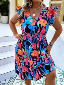 SHEIN Holidaya Đầm Plus Size Xù Dải chun Hoa Tất cả trên in Boho - Nhiều màu - Xem 6