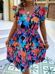 SHEIN Holidaya Đầm Plus Size Xù Dải chun Hoa Tất cả trên in Boho - Nhiều màu - Xem 7