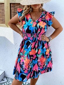 SHEIN Holidaya Đầm Plus Size Xù Dải chun Hoa Tất cả trên in Boho - Nhiều màu - Xem 8