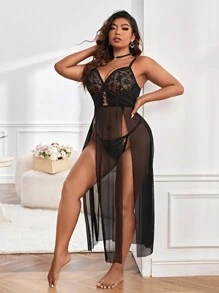 Classic Sexy 大碼蕾絲拼接網紗吊帶睡裙附丁字褲