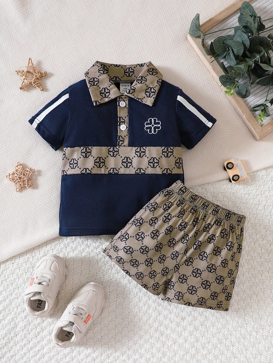 男嬰幾何圖案織帶拼接POLO衫和短褲 - 彩色 - 查看 1
