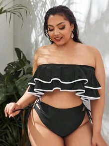 SHEIN Swim Curve Plus Lace Up Side High Waist Bikini Bottom - Black - View 5