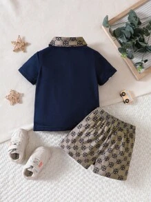 男嬰幾何圖案織帶拼接POLO衫和短褲 - 彩色 - 查看 2