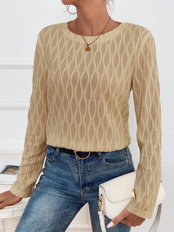 SHEIN Frenchy Solid Round Neck Blouse Winter Brown Casual