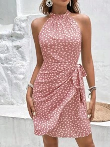 SHEIN Frenchy Pink Grace Bow Tie Cross Over Allover Print Knot Side Wrap Hem Halter Dress - Bụi hồng - Xem 5