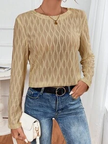 SHEIN Frenchy Solid Round Neck Blouse Winter Brown Casual - Khaki - View 3