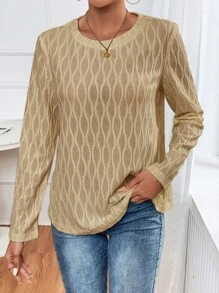 SHEIN Frenchy Solid Round Neck Blouse Winter Brown Casual - Khaki - View 4
