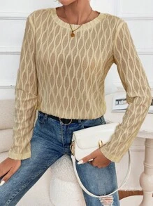 SHEIN Frenchy Solid Round Neck Blouse Winter Brown Casual - Khaki - View 5