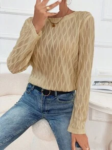 SHEIN Frenchy Solid Round Neck Blouse Winter Brown Casual - Khaki - View 6