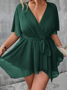 SHEIN Clasi Áo sơ mi Plus Size Thắt lưng Trọn gói màu trơn Giải trí - Màu xanh lá cây đậm - Xem 1