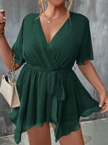 SHEIN Clasi Áo sơ mi Plus Size Thắt lưng Trọn gói màu trơn Giải trí - Màu xanh lá cây đậm - Xem 3