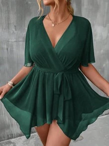 SHEIN Clasi Áo sơ mi Plus Size Thắt lưng Trọn gói màu trơn Giải trí - Màu xanh lá cây đậm - Xem 4