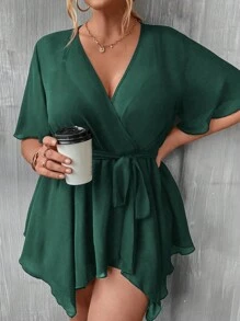 SHEIN Clasi Áo sơ mi Plus Size Thắt lưng Trọn gói màu trơn Giải trí - Màu xanh lá cây đậm - Xem 5