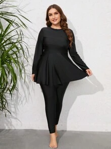 Swim Mulvari Plus Size Summer Beach Plus Flounce Hem Full Body Burkini Swimsuit Arabic Clothing - Black - View 1