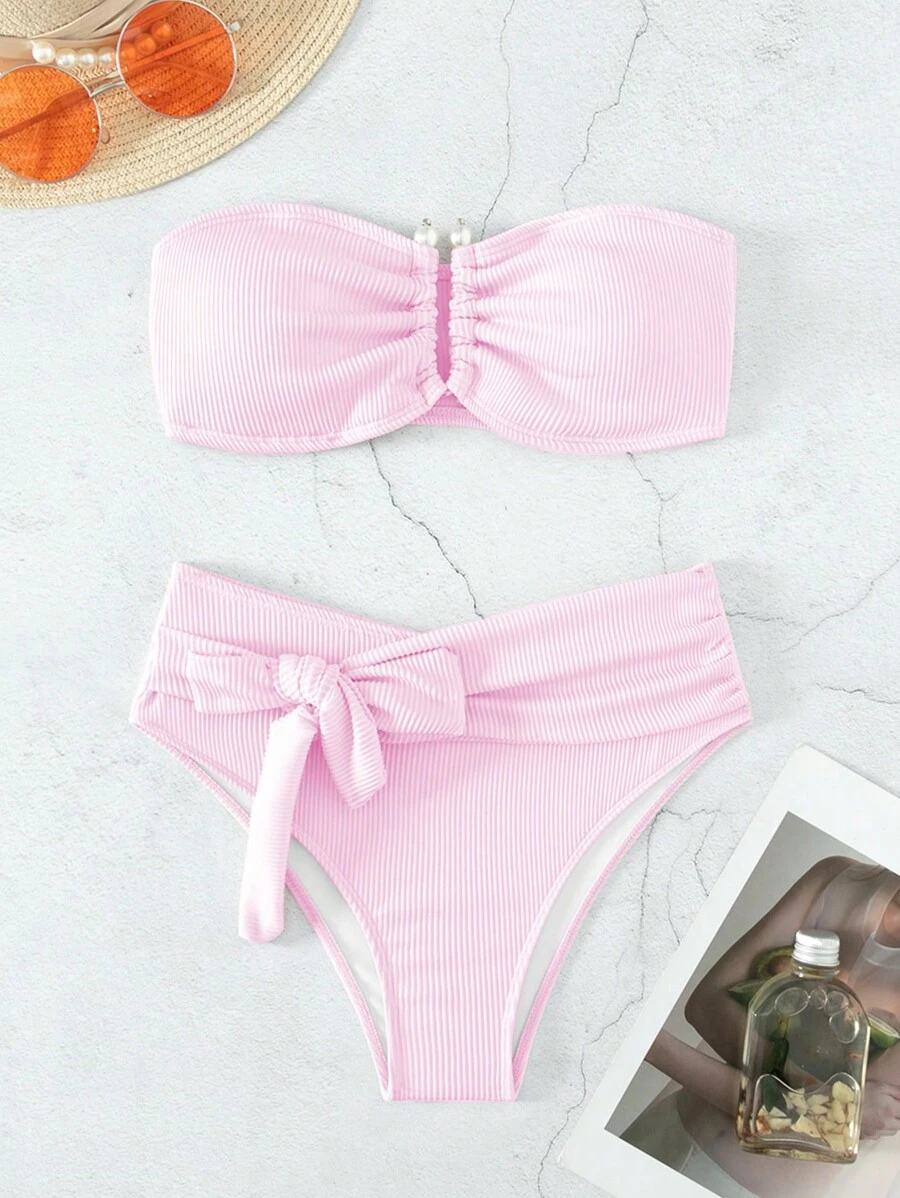 Swim Mod Summer Beach Rib Knot Front Bandeau Bikini Set - Baby Pink - View 1