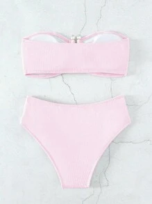 Swim Mod Summer Beach Rib Knot Front Bandeau Bikini Set - Baby Pink - View 2