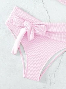 Swim Mod Summer Beach Rib Knot Front Bandeau Bikini Set - Baby Pink - View 3