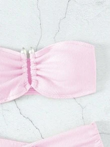 Swim Mod Summer Beach Rib Knot Front Bandeau Bikini Set - Baby Pink - View 4