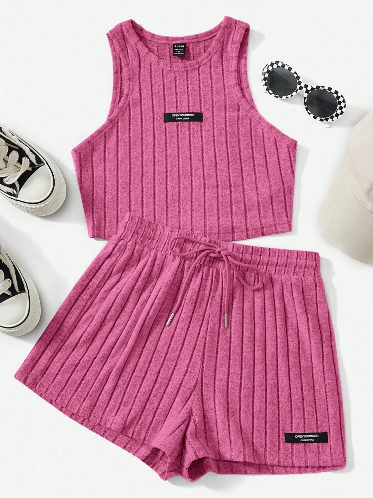 SHEIN EZwear Letter Patched Detail Tank Top & Drawstring Waist Shorts - Pink - View 1