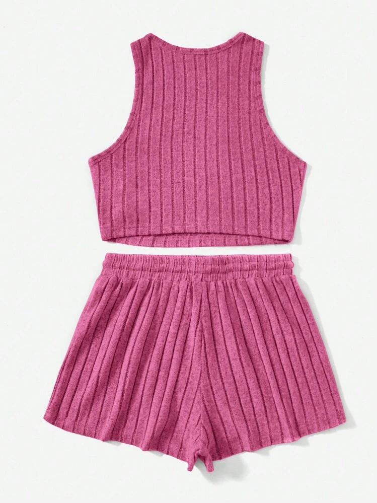 SHEIN EZwear Letter Patched Detail Tank Top & Drawstring Waist Shorts - Pink - View 2