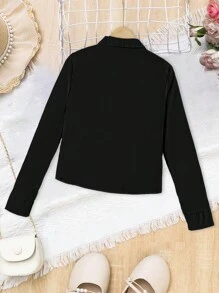 青少年女孩素色褶邊前紐扣襯衫 - 黑色 - 查看 2