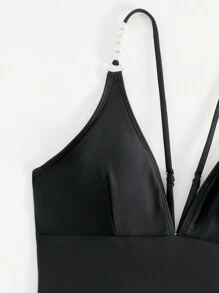 SHEIN Swim Solid Plunge Neck Cami One Piece Swimsuit - Black - View 5