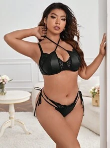 Plus Contrast Lace Underwire Lingerie Set - Black - View 4