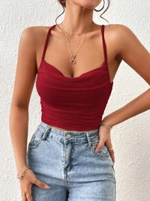 SHEIN Essnce Solid Ruched Cami Top - Burgundy - View 5