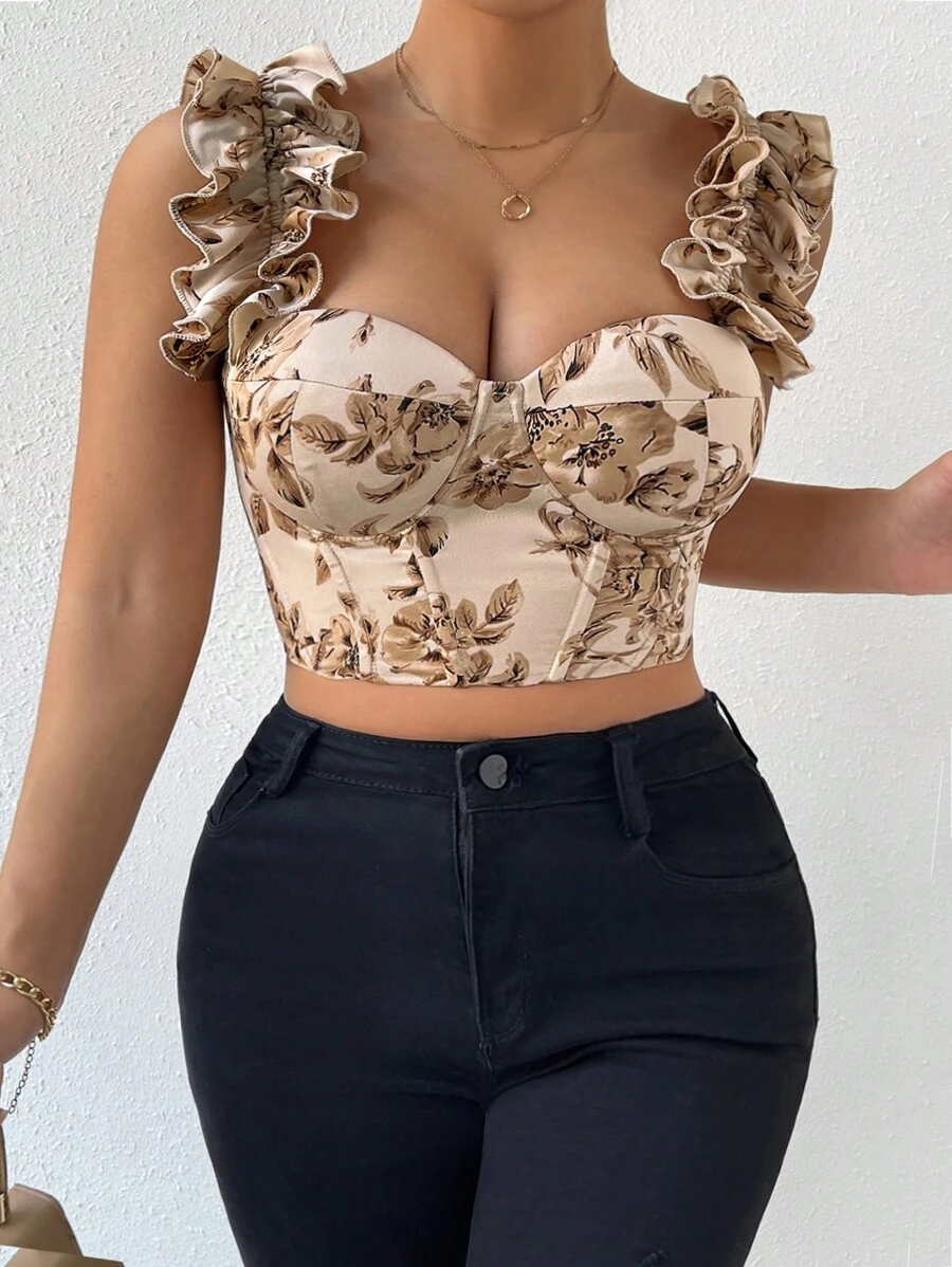 Celure Plus Floral Print Ruffle Trim Crop Cami Top Graphic Tees Women Tops - Apricot - View 1