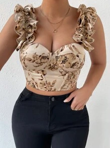 Celure Plus Floral Print Ruffle Trim Crop Cami Top Graphic Tees Women Tops - Apricot - View 3