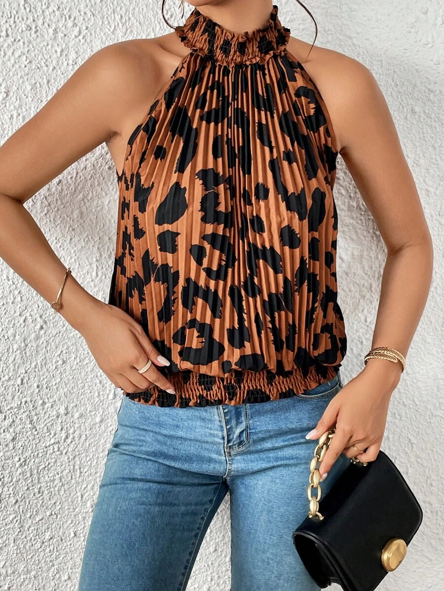 SHEIN Privé 滿版印花後鎖孔百褶襯衫 - 彩色 - 查看 1