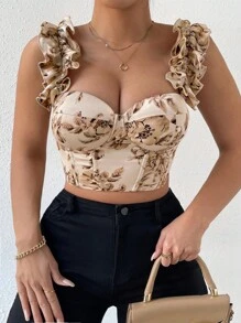 Celure Plus Floral Print Ruffle Trim Crop Cami Top Graphic Tees Women Tops - Apricot - View 5