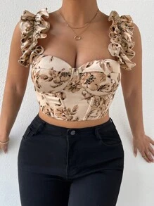 Celure Plus Floral Print Ruffle Trim Crop Cami Top Graphic Tees Women Tops - Apricot - View 6