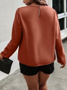 Celure Hơn Chất rắn Chi tiết nếp Ống tay áo Áo sơ mi - Đỏ - Xem 2