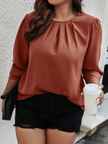 Celure Hơn Chất rắn Chi tiết nếp Ống tay áo Áo sơ mi - Đỏ - Xem 3