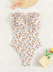 Swim Mod 碎花褶邊抹胸一片式泳衣 - 彩色 - 查看 1