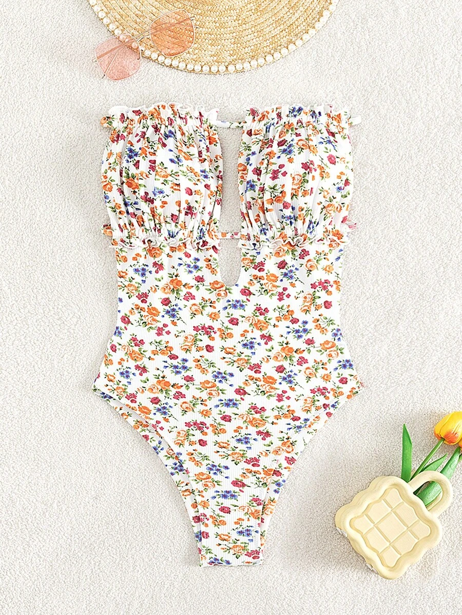 Swim Mod 碎花褶邊抹胸一片式泳衣 - 彩色 - 查看 1