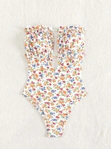 Swim Mod 碎花褶邊抹胸一片式泳衣 - 彩色 - 查看 5