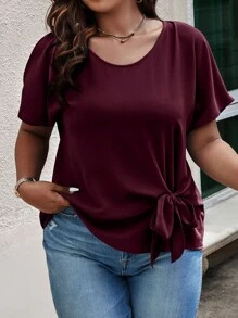 Celure Plus Knot Side Solid Color Blouse - Burgundy - View 1