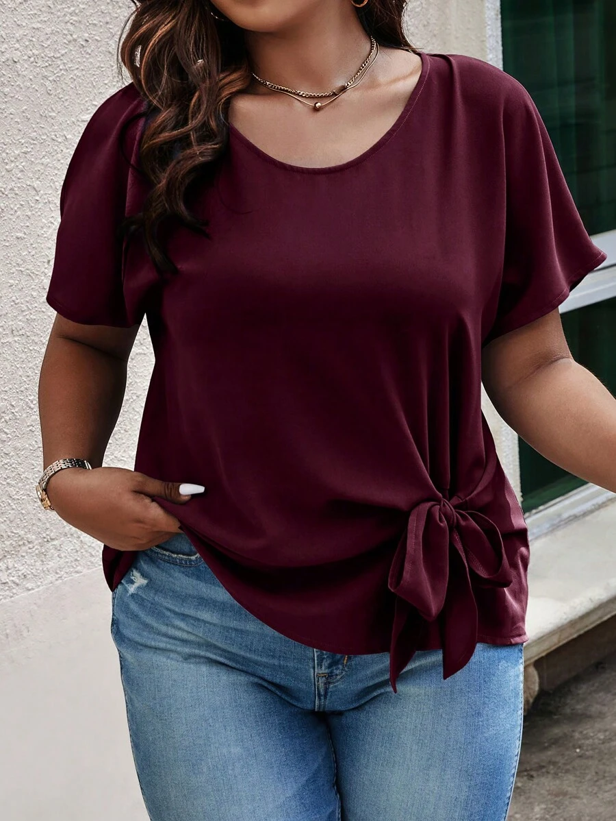 Celure Plus Knot Side Solid Color Blouse - Burgundy - View 1