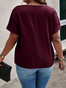 Celure Plus Knot Side Solid Color Blouse - Burgundy - View 2