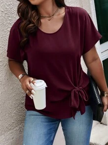 Celure Plus Knot Side Solid Color Blouse - Burgundy - View 3