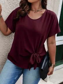 Celure Plus Knot Side Solid Color Blouse - Burgundy - View 5