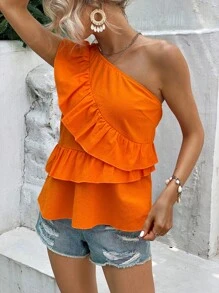 SHEIN VCAY One Shoulder Ruffle Trim Peplum Blouse