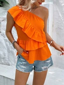 SHEIN VCAY One Shoulder Ruffle Trim Peplum Blouse